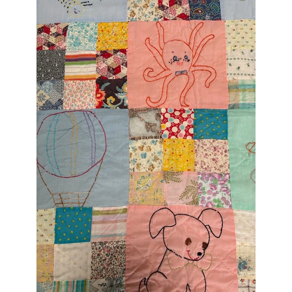 Vintage‎ Handmade Patchwork Embroidered Kids Quilt 1983 Cotton 46